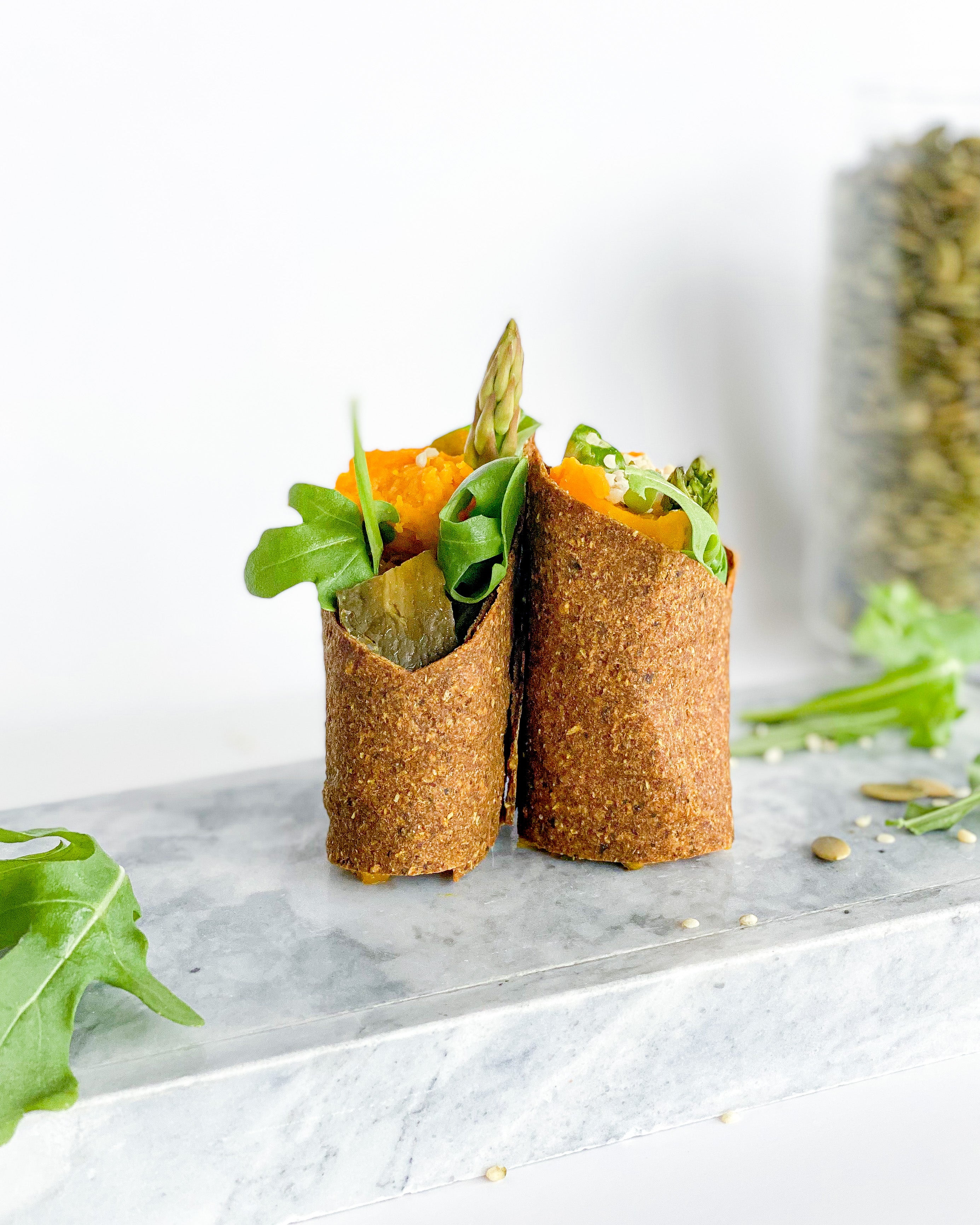 FLAXSEED VEGETABLE WRAPS WITH PUMKIN TAHINI FILLING