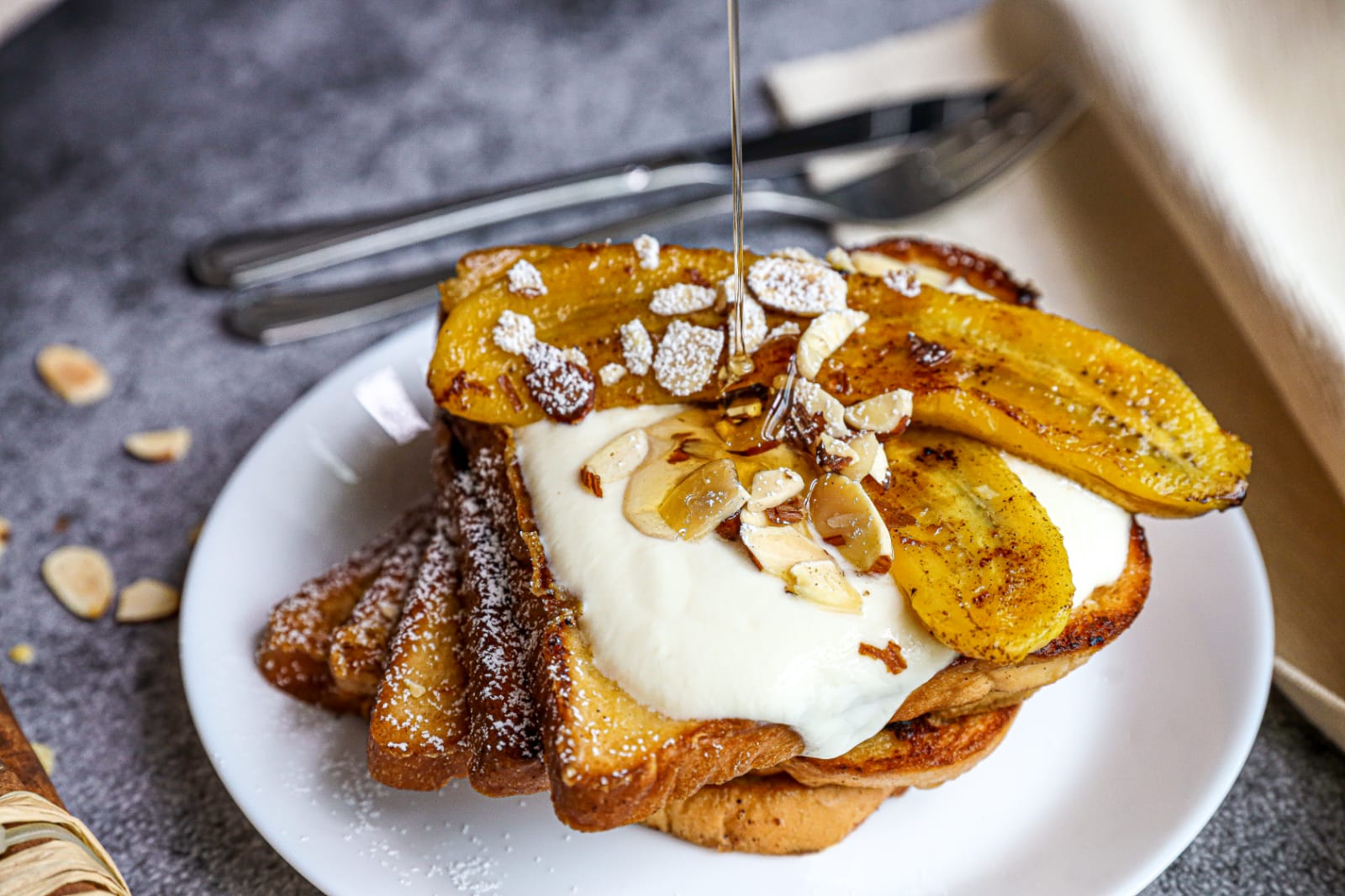 Vegan French Toast Topped with Vanilla Cream and Caramelized Banana